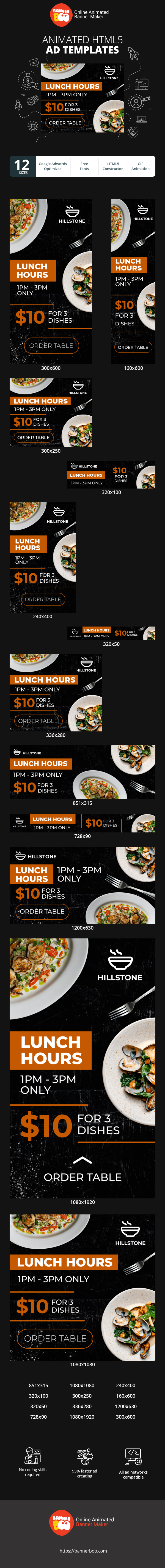 Banner ad template — Lunch Hours — 1PM - 3PM Only $10 For 3 Dishes