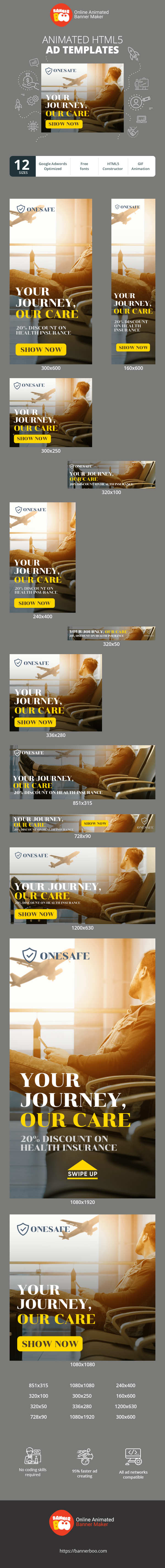 Szablon reklamy banerowej — Twoja podróż, nasza opieka — 20% zniżki na ubezpieczenie zdrowotne