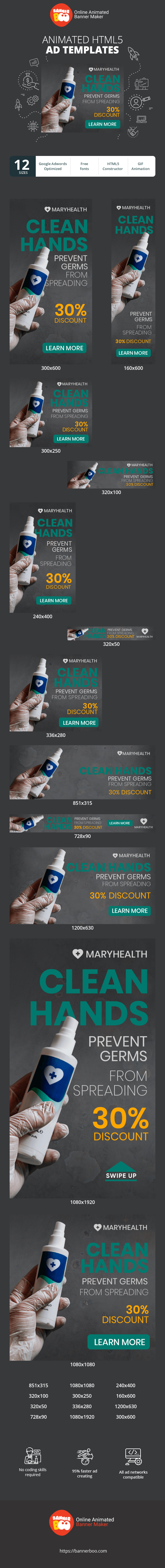 Banner ad template — Clean Hands Prevent Germs From Spreading — 30% Discount