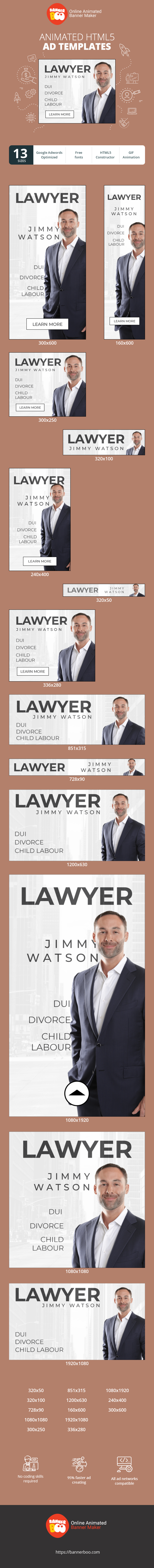 Szablon reklamy banerowej — Rechtsanwalt – Trunkenheit am Steuer, Scheidung, Kinderarbeit